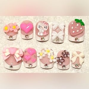 Handmade press on nails. Pink kitty rhinestones